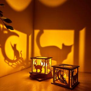 Small Wooden Cat On Moon Candle Holders Rustic Ramadan Lantern Decorative Lights Indoor for Farmhouse Kitchen Table Decor Home Room Bedroom House Birthday Party Decorations