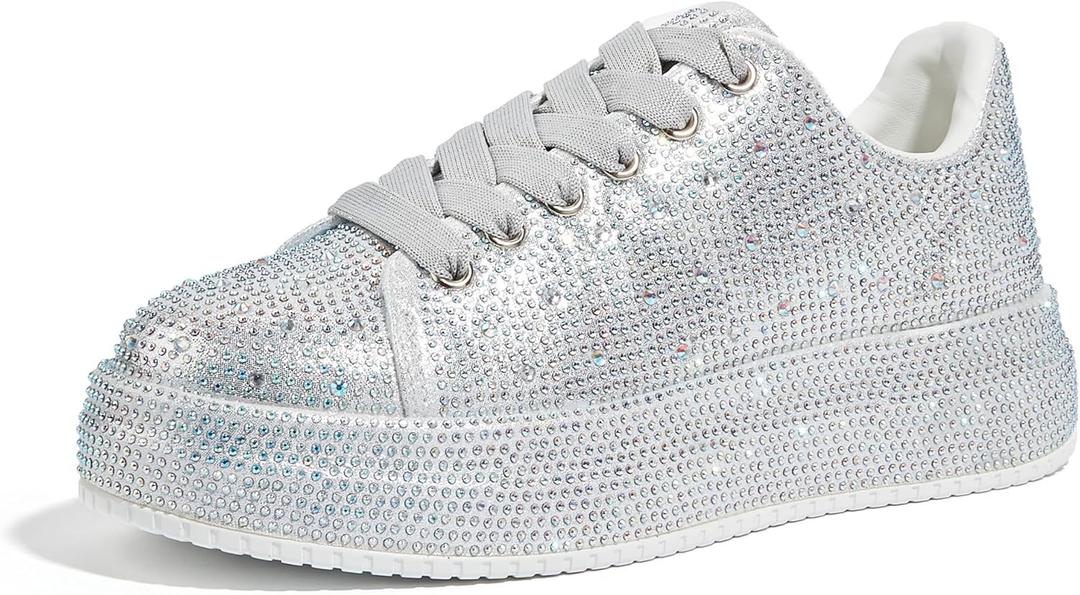 LUCKY STEP Rhinestone Sneakers for Women Platform Sparkly Glitter Bling Tennis Shoes Fashion Bedazzled Wedding Bridal Party Walking Sneakers (6)