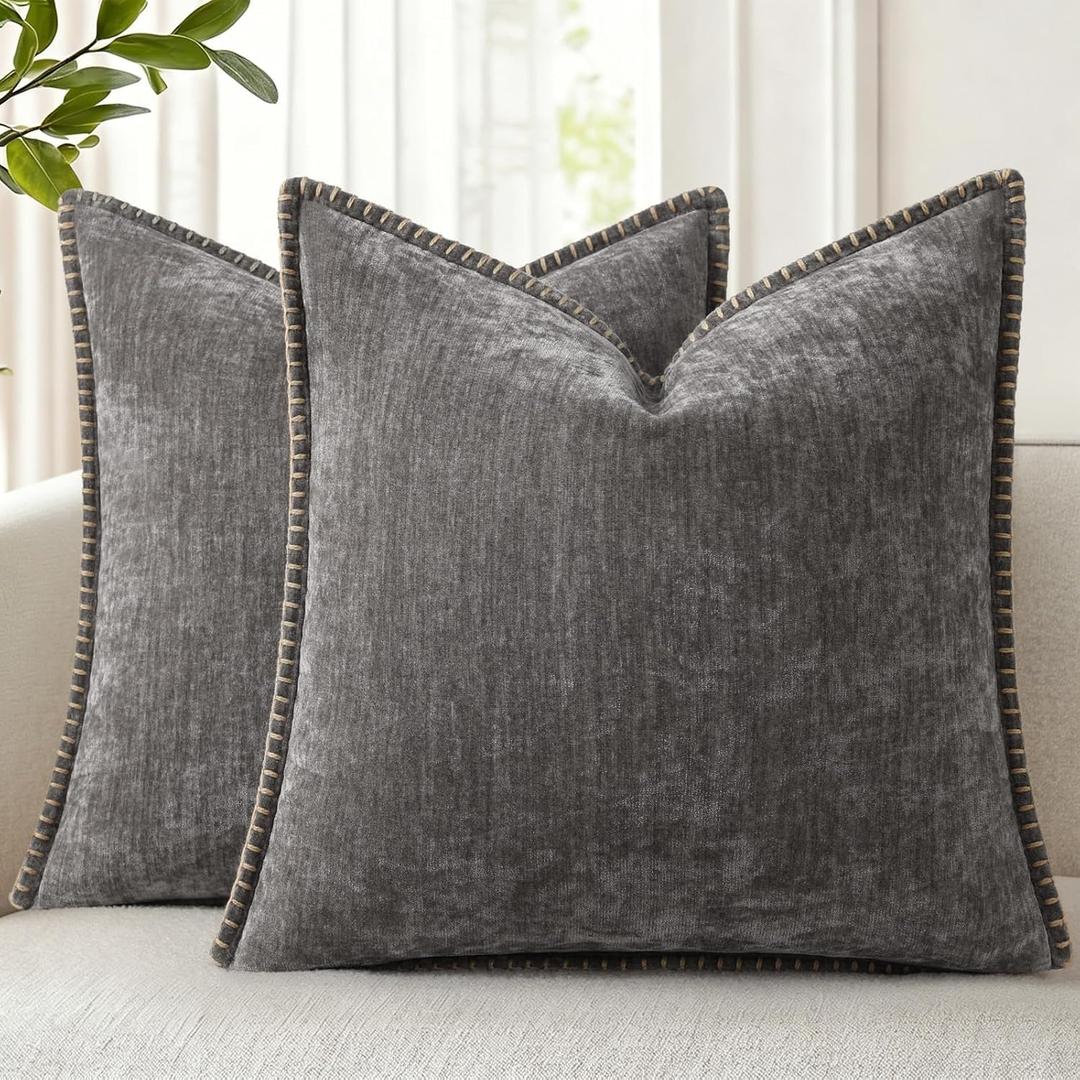 decorUhome Fall Chenille Soft Throw Pillow Covers 26x26 Set of 2, Farmhouse Velvet Neutral Decorative Euro Sham Pillow Covers with Stitched Edge for Couch Sofa Bed Home Decor, Dark Grey