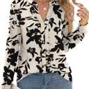 Micoson Womens Tops Dressy Casual Long Sleeve Business Shirts V Neck Pleated Work Blouses Loose Fit Fall Trendy Knit Top (Large, Apricot_black Floral)