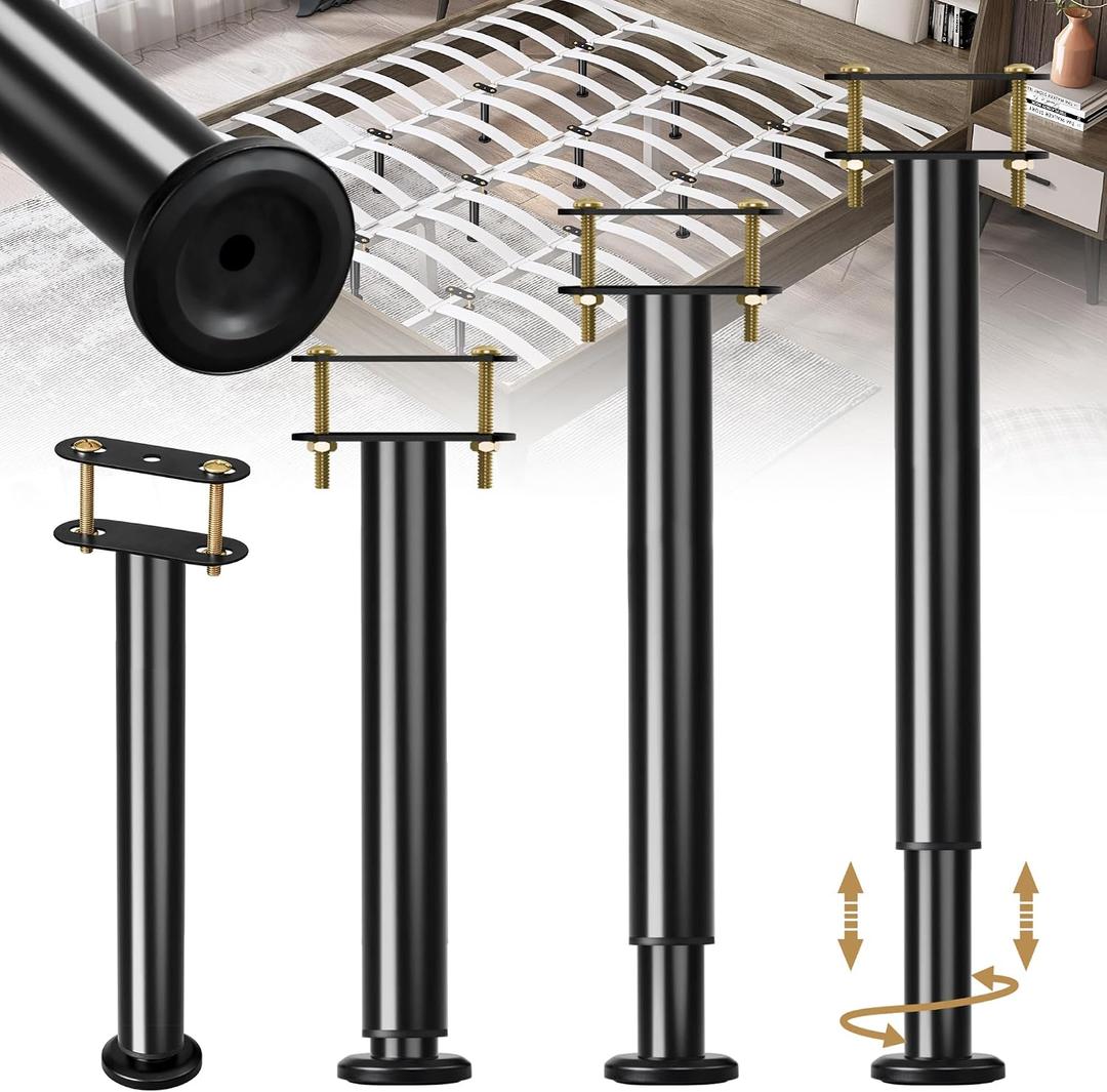 4 Pcs Adjustable Bed Frame Center Support Legs, Heavy Duty Cold Rolled Steel Bed Slat Support Legs With Wider Base, Bed Frame Leg Replacement, Furniture Support Reinforcement Kit, Height 13.8-23.6