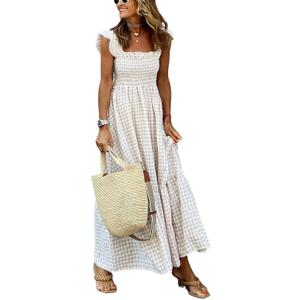 chouyatou Women's Retro Plaid Smocked Dress Spaghetti Strap Flounce Long Dress (Khaki)