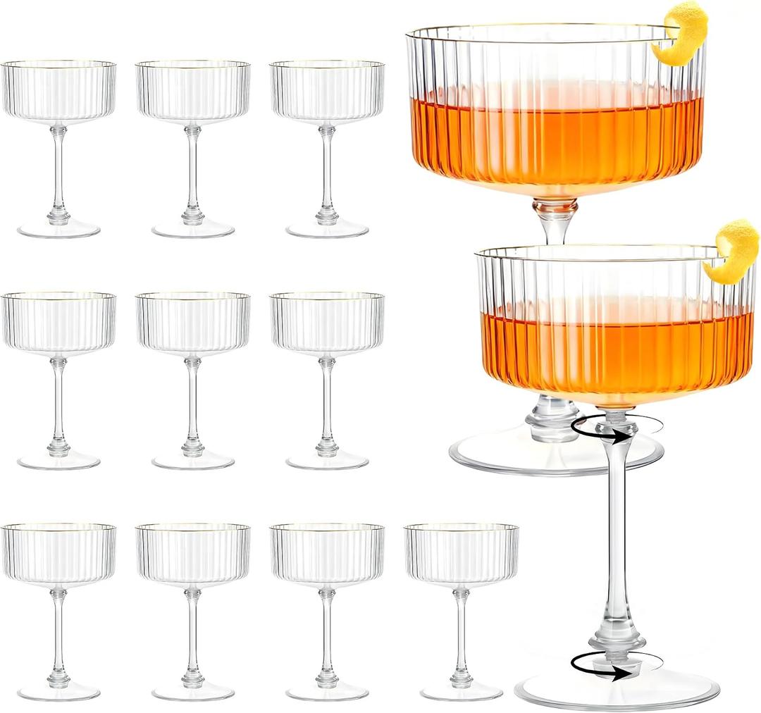 Plastic Martini Glasses 10oz, Detachable Ribbed Coupe Glasses with Gold Rim, Disposable & Reusable Unbreakable BPA-free Vintage Cocktail Cups, Champagne Coupe for Party Wedding (Clear, 12pcs)