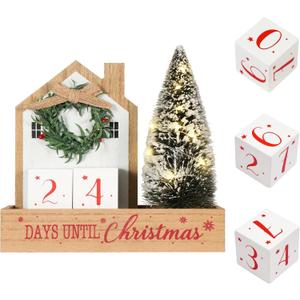 Christmas Tree Countdown Block LED Lighted 99 Days Until Christmas Wreath Calendar Tabletop with Timer Number Date Rustic Wooden Home Decor Holiday Xmas Ornament Desk Decoration Gift