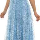 Women's Sleeveless Embellished V Neck Lace Back Tulle Gown (Blue), Size 9-10
