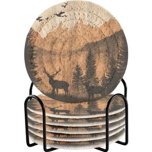 6 Pcs Deer Mountain Drink Coasters with Holder,Round Woven Coaster Set Absorbent Coasters for Tabletop Protection Table Home Decor, 4 Inch