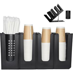 Cup Holder Lid Dispenser with Straw Organizer,4 Compartment 7 Adjusting,Disposable Paper Cup Storage Organizer for Breakroom Countertop Coffee Station Bar Restaurant Beverage Kitchen Coffee Truck