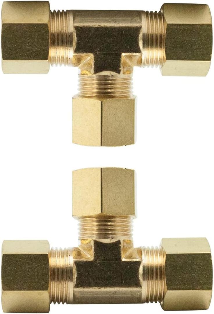 Legines Brass Compression Fitting, Tee Union, 3 Ways Connector, 1/4" Tube OD, Pack of 2 (0.25 Inch)