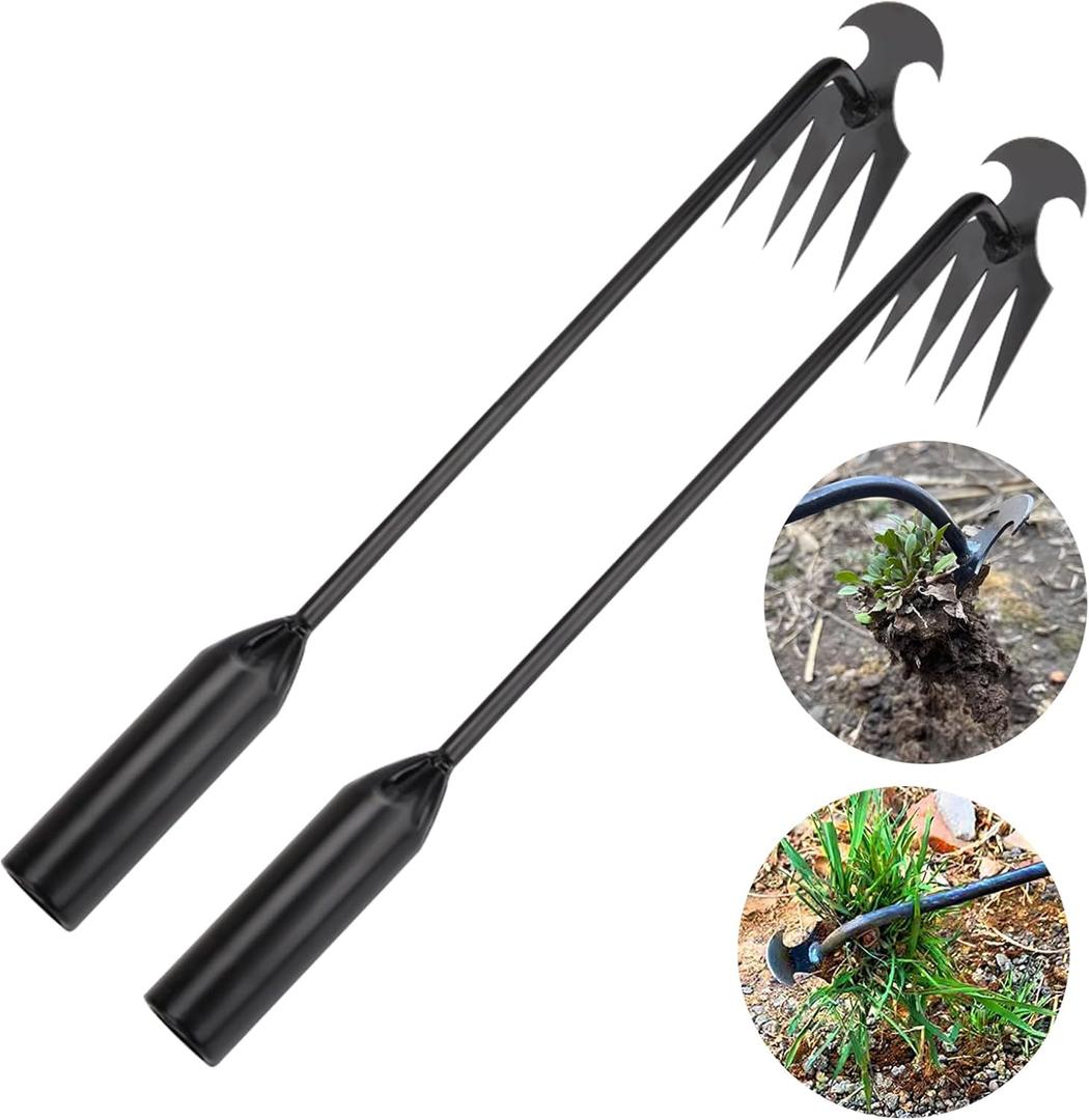 WMM Weed Puller Tool Gardening Tools Set of 2 Uprooting Weed Pulling Tool, 4 Teeth Manganese Steel Forged Weeding Tool for Vegetable, Portable Hand Weeder Tool for Garden Farm Planting Weeding (Black 15.75+15.75in)