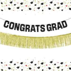 Graduation Decorations 2026 | Congrats Grad Banner Set | Black and Gold Graduation Decorations | Black Congrats Grad Sign with Gold Fringe Backdrop for Graduation Party Decorations - KatchOn