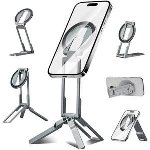 Ultra-Thin Aluminum Magnetic Phone Tripod Holder Mount Stand, MG-06 Air Mini Pocket Cell Phone Stand, Compatible with MagSafe for iPhone 17 16 15 14 13 12, Silver