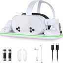 Charging Station for Meta Quest 3 and Oculus Quest 3S, VR Accessories Charging Station with LED Light for Oculus Quest 3/ 3S, Charger Stand with 2 Rechargeable Batteries, Magnetic Charging Design