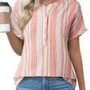 Astylish Womens Striped Henley Neck Linen Shirt Casual Button Down Cap Sleeve Blouse Tops (M)