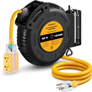 SURAIELEC 10 Gauge Retractable Extension Cord Reel, 40 FT 10 AWG SJTOW Extra Heavy Duty Power Cord, 20A Circuit Breaker for High-power Equipment, 4 Grounded Outlets, Wall/Ceiling Mount, ETL Listed
