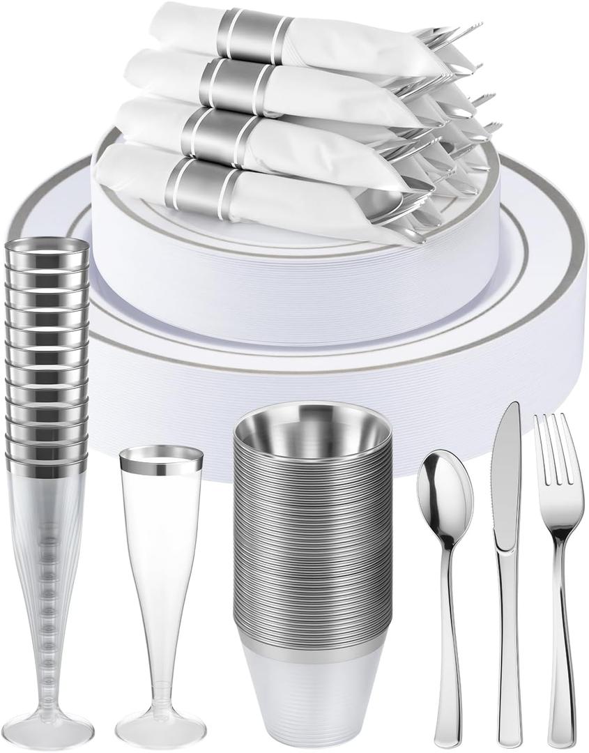 Goodluck 320 PCS Silver Disposable Plastic Dinnerware Set for 40 Guests, Include 40 Dinner Plates, 40 Dessert Plates, 40 Napkins with Silverware, 40 Cups, 40 Champagne Glasses, for Christmas, Wedding