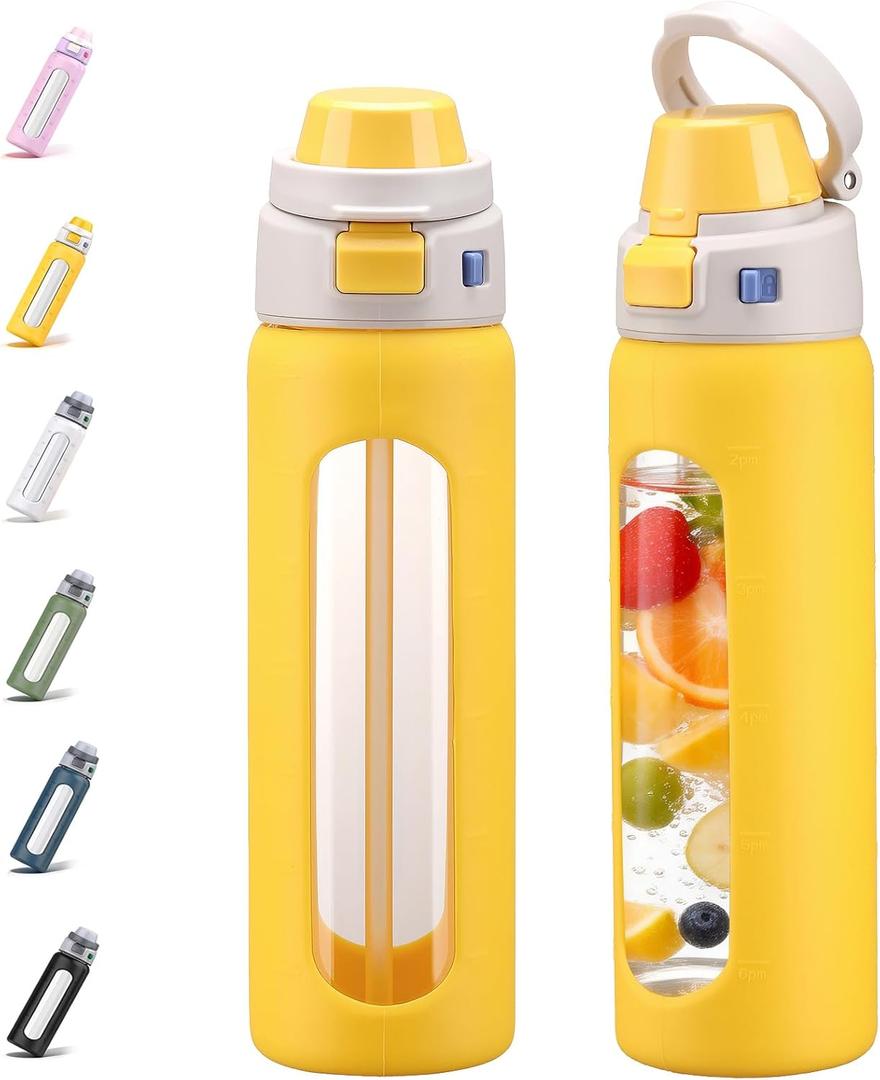 MUKOKO 2-in-1 Borosilicate Glass Water Bottle with Straw for Sports and Travel, 24oz Drinking Bottle with Silicone Sleeve, BPA Free, Leak Proof, Yellow