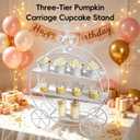 White Crown Pumpkin Cart 3 Tier Dessert Stand, Wrought Iron Cake Display Tray for Wedding Birthday Afternoon Tea Party, Decorative Tiered Serving Platter for Pastries Fruit Candy