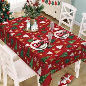 Christmas Tree Red Rectangle Tablecloth 60 x 84 Inches, Xmas Pine Trees Snowflake Stars Decorative Dining Table Cloth, Winter Holiday Farmhouse Dinner Tablecover Picnic Party Decoration
