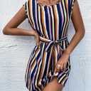 WDIRARA Women's Belted Cap Sleeve Striped Dress Casual Short Dresses (L)