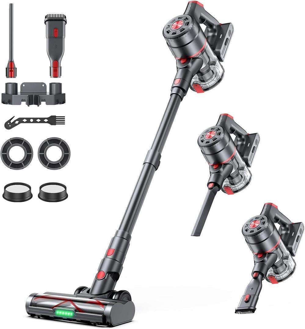 Cordless Vacuum Cleaners for Home, 60KPA 550W Dual Motor, 60 Mins Runtime, Power Detect & HEPA Filter, Touchscreen Display, Self-Standing for Pet Hair/Carpet/Car/Tile/Hardwood Floor (Black+red)