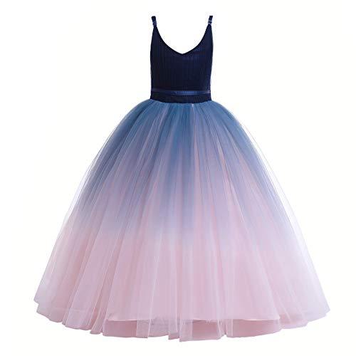 Glamulice Navy Blue Girls Lace Bridesmaid Dress Long A Line Wedding Pageant Dresses Flower Girls Princess Ombre Tulle Party Gown Petal Pink Kids Birthday Maxi Dance Ball Gown, Size 8