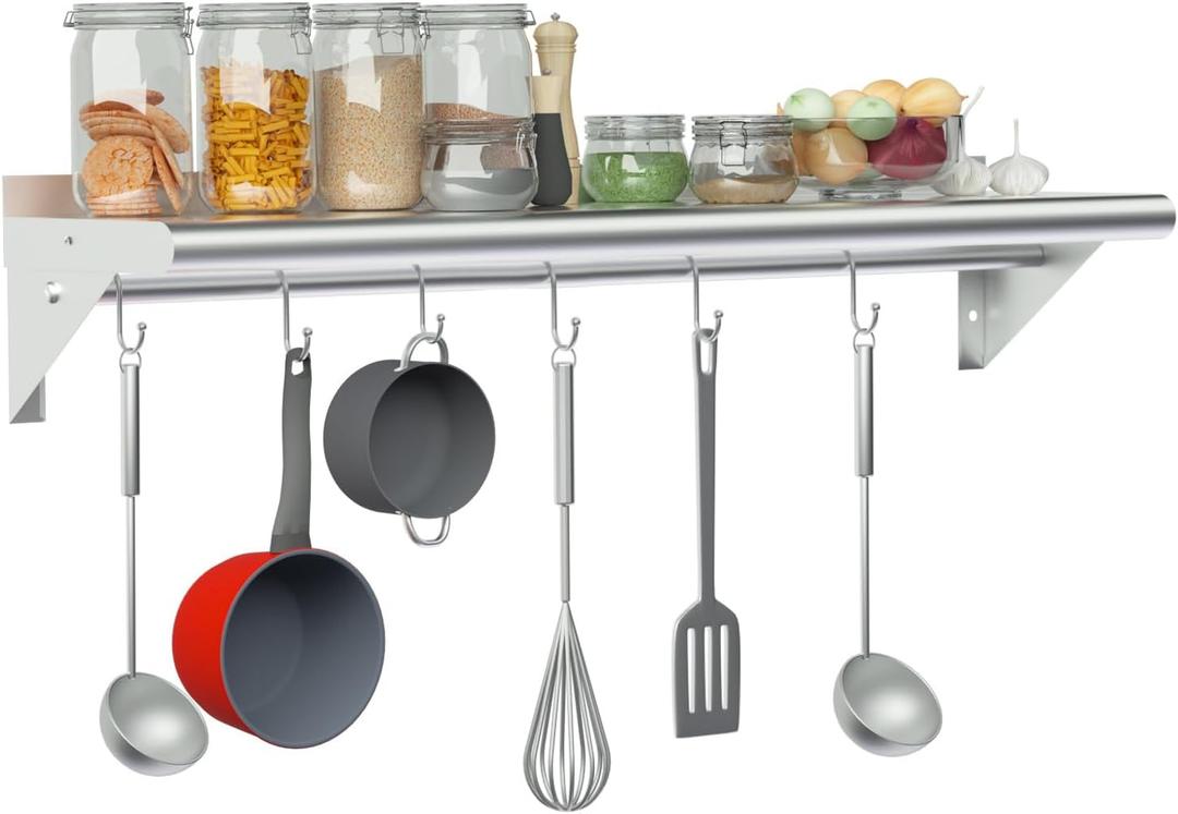 Treshin Stainless Steel Shelf with 6 Hooks 12 x 36 Inches, Commercial Wall Mount Floating Shelving Storage Pot Rack for Restaurant, Kitchen, Home, Bar and Hotel