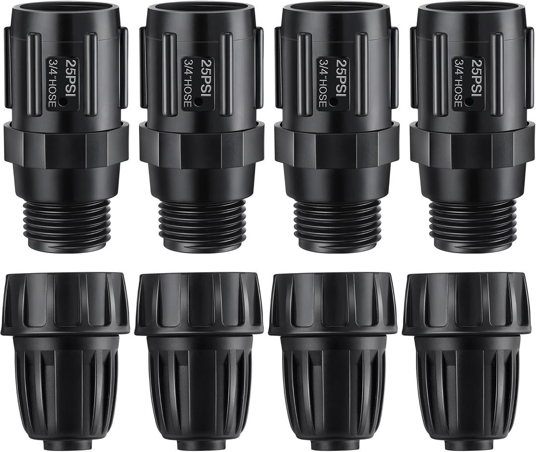 8 Pcs 25 PSI Drip Irrigation Pressure Regulator Faucet Adapter Kit, 4 Pcs 3/4" FHT x 3/4'' MHT Pressure Regulator, 4 Pcs 1/2 Inch Drip Irrigation Tubing Adapter for Drip Irrigation System