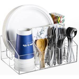Utensil Silverware Caddy for Party Acrylic Paper Plate Dispenser Holders Countertop Organizer Buffet Caddy for Plastic Plates Napkins Cup Flatware Cutlery Hosting Entertaining Essentials for Picnic
