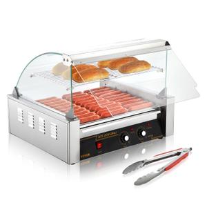 VEVOR Hot Dog Roller, 30 Hot Dog Capacity 11 Rollers, 1800W Stainless Steel Cook Warmer Machine w/Cover & Dual Temp Control, LED Light & Detachable Drip Tray, Sausage Grill Cooker for Kitchen Canteen