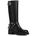 AMINUGAL Black Knee High Boots Women Square Toe Pull On Wide Calf Riding Fashion Buckles Chunky Metallic Casual Vintage Buckle Rivet Size 8.5
