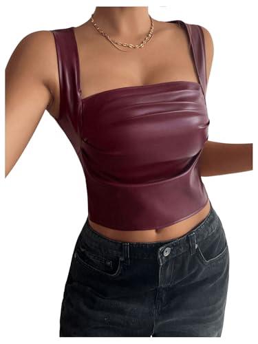 SOLY HUX Women's PU Leather Square Neck Tank Tops Sleeveless Slim Fitted Party Club Crop Top Pure Burgundy Medium