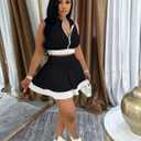 Doweha Summer 2 Piece Skirt Sets for Women Cute Going Out Patchwork Sleeveless Zipper Crop Tops Pleated Short Skort Skirt Set (M)