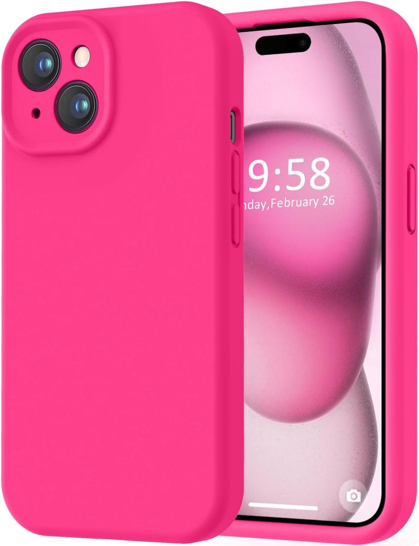 LOVE 3000 Compatible with iPhone 15 Case, [Smooth Silicone Full Coverage Camera] [8ft Drop Protection], Soft Microfiber Lining Full Body Protective Case for iPhone 15 6.1 inch - Hot Pink