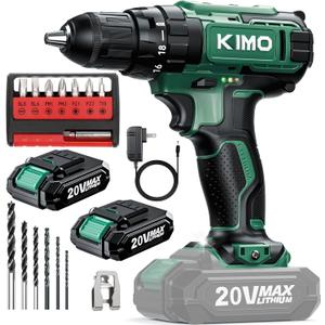KIMO 20V Cordless Drill Set with 2 Packs 2.0Ah Battery, Max 350 In-lb Torque, 1350 RPM, 3/8" Keyless Chuck, 18+2 Clutch Setting, 18pcs Accessories, Power Drill for Drilling Wood Bricks Walls Metal