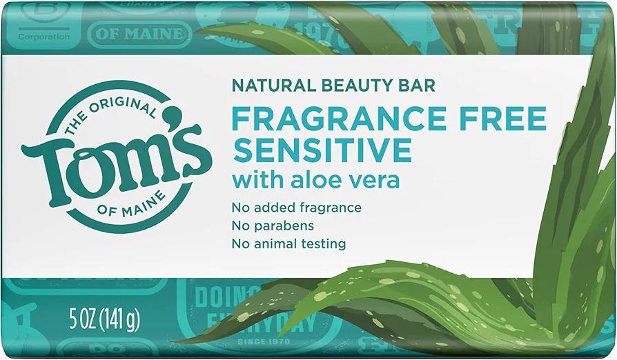 Tom's of Maine Natural Beauty Bar Soap for Sensitive Skin With Aloe Vera, Fragrance-Free, 5oz. 2 Pack