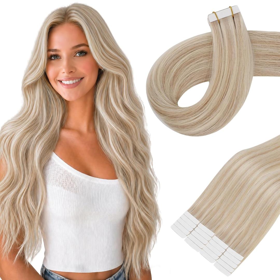 Blonde Tape in Hair Extensions Human Hair, 18 Inch Ash Blonde Highlighted with Bleach Blonde, Invisible Seamless Tape for Hair Extensions, Tape Ins Remy Human Hair, #P18/613 20pcs 50g