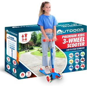 Outdoor Cruiser 3-Wheel Kids Scooter  with Lean-to-Steer Technology, Led Lighted Wheel, 4-Level Adjustable Height T-bar Handle, Support Kids Up to 150 Lbs, for Boys & Girls Ages 3-8, Blue and Red