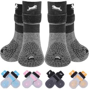 EXPAWLORER Anti Slip Dog Socks to Prevent Licking Paws, Winter Dog Boots & Paw Protectors, Dog Booties for Hardwood Floors with Grippers, Dog Shoes for Hot/Cold Pavement Dog (Embroidered Black)
