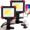 LED Rechargeable Work Light with Clamp, 2Pack 2100LM COB Magnetic Clip on Worklight 270 Rotating with Mobile Charger, Portable Clamp Work Light for Boats, Car Repairing, Job Site Lighting