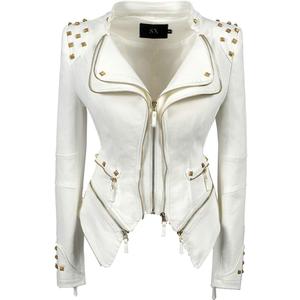 Fashion SX Womens Rivet Faux Leather Jacket Zipper Moto Biker Denim coat Motorcycle Outwear (Large, White)