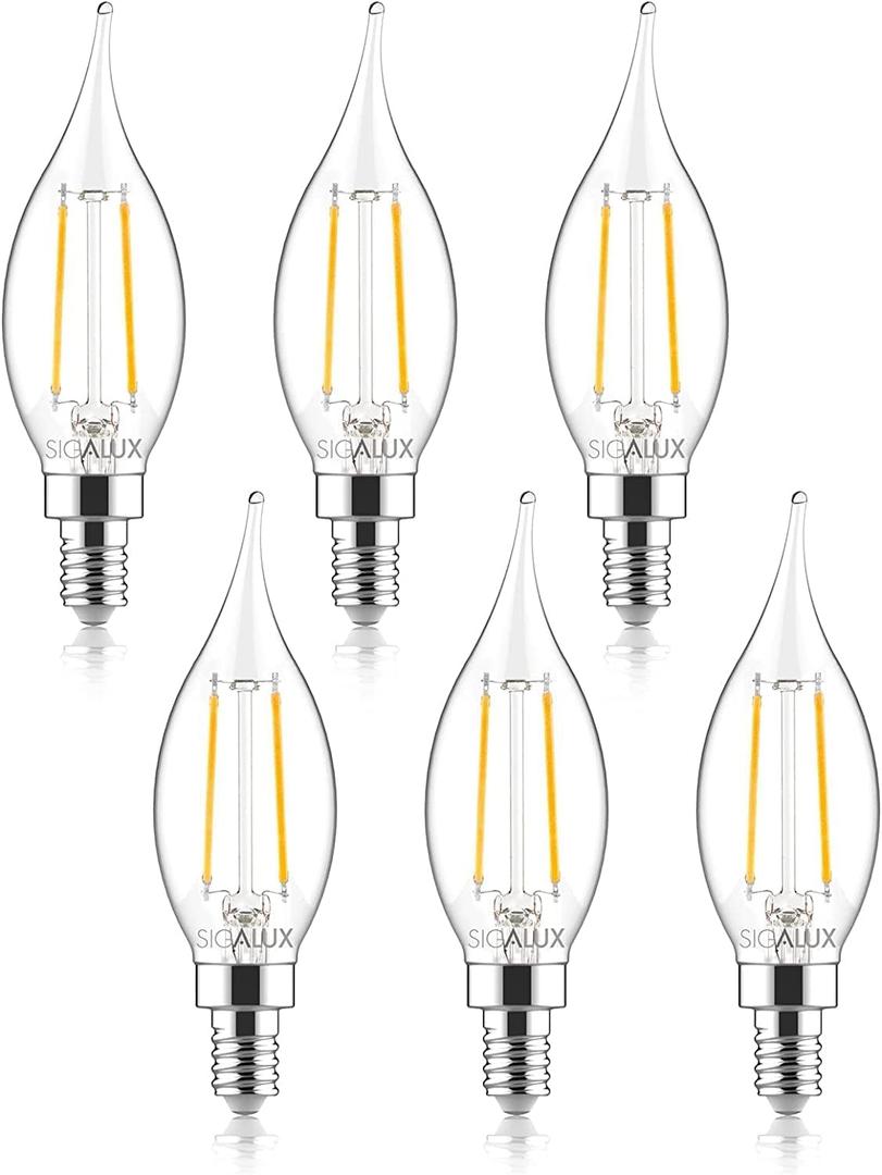 Sigalux Candelabra LED Light Bulbs Dimmable, E12 40 Watt Chandelier Light Bulbs, CA10 Flame Tip Candle Light Bulbs, 5000K Daylight, E12 LED Bulb for Chandeliers, Ceiling Fan, Pendant, 6 Pack