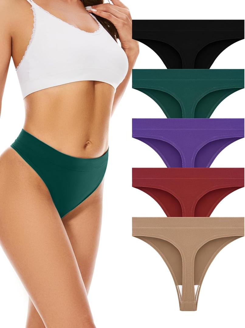 voenxe Seamless Womens Thong Underwear,High Waisted Tanga Woman No Show Panties,Breathable Workout Comfortable Undies,5 Pack (Medium, Vintage)