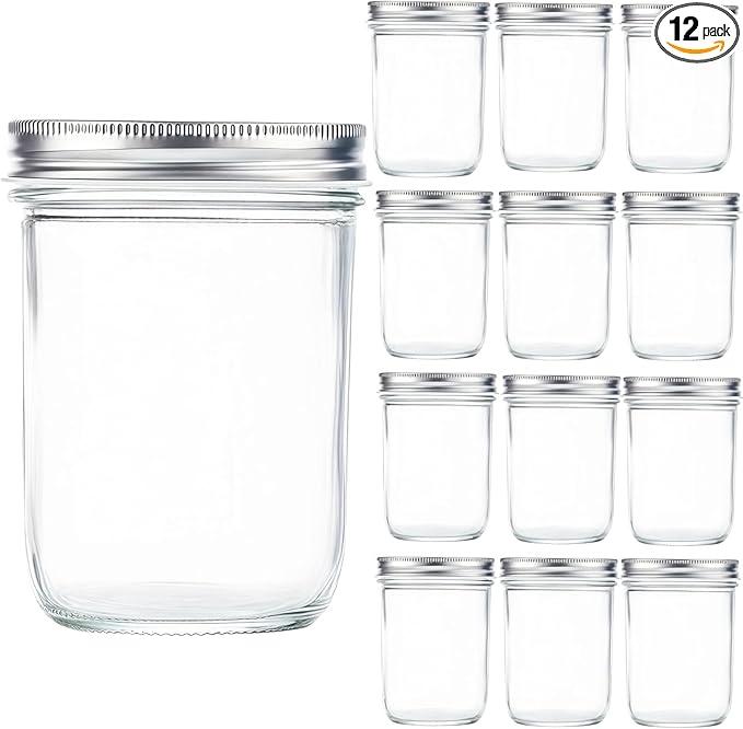 MGOHNACL 10PCS Wide Mouth Mason Jars 16oz with Silver Metal Lids, Clear Canning Jars, Glass Jars for Canning, Food Storage, Overnight Oats, Fermenting, Pickling
