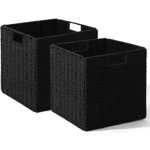 Set of 2 Hand-Woven Paper Rope Wicker Baskets, Storage Basket, Foldable Cube Storage Bins, Black Storage Cubes, Square Baskets for Organizing Shelves Decor, 12x12x12in