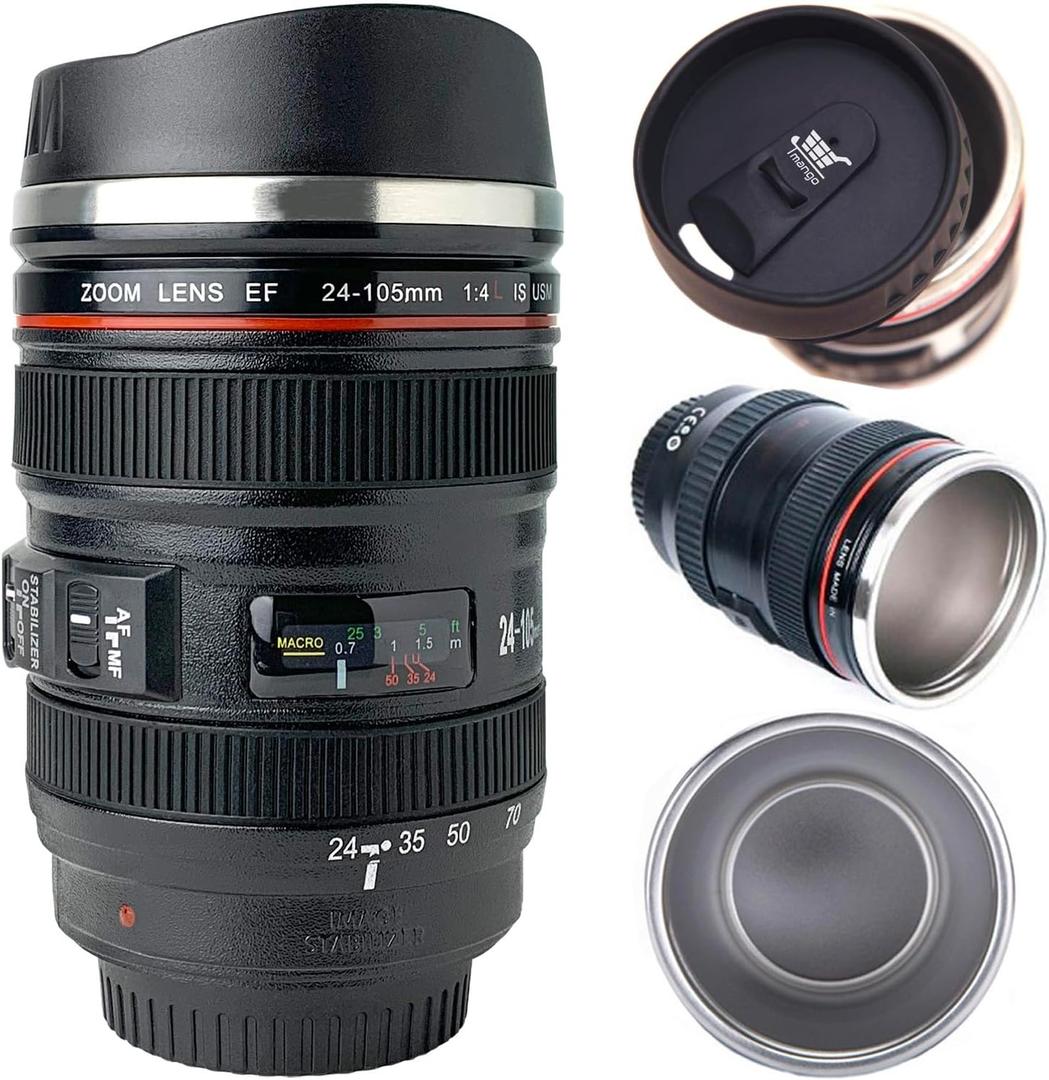 Camera Lens Coffee Mug with Slider Lid, Stainless Steel Camera Mug, Realistic Lens Replica, Gifts for Photographers