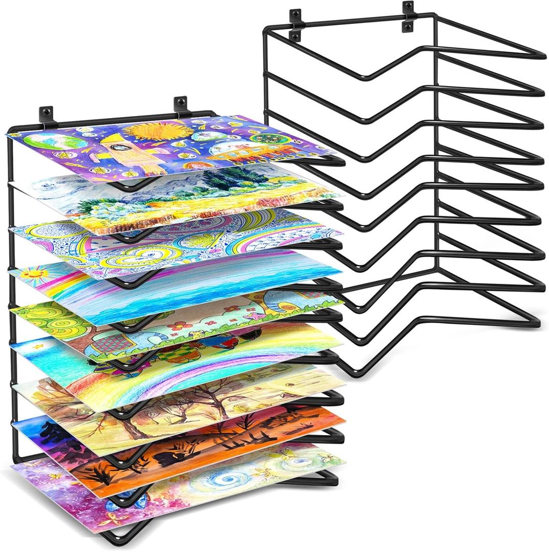 Vowcarol 2 Pack Art Drying Rack for Classroom, 9 Shelves Paint Drying Racks Wall Mount and Desktop Stand