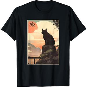 Vintage Japanese Scenery Kanji Writing Journey Black Cat T-Shirt Small