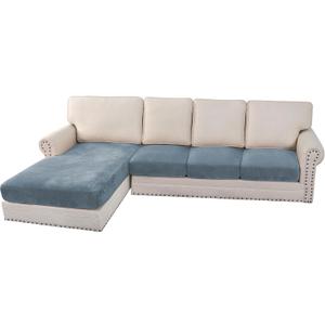 H.VERSAILTEX Velvet Stretch Sectional Couch Covers - 4 Piece Sofa Seat Cushion Set - L Shape Separate Cushion - Both Left/Right Couch Chaise Cover - Large Sofa 3 Seater + 1 Chaise, Stone Blue