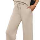 WIHOLL 2 Piece Sets for Women Summer Travel Vacation Outfits Casual Mock Neck Wide Leg Crop Pants Lounge Sets (Large, Beige)