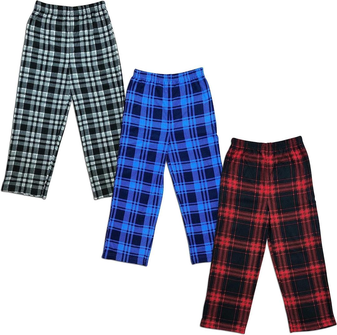 Mad Dog Concepts Boys Pajama Pants - Soft Micro Fleece PJ Bottoms for Kids Printed Plaid Design Boy's Sleepwear Size 620 3PK (14-16 Years, Gray / Blue / Red)